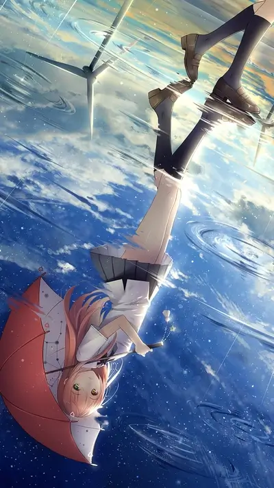 Girl with red umbrella falling into water reflecting sky