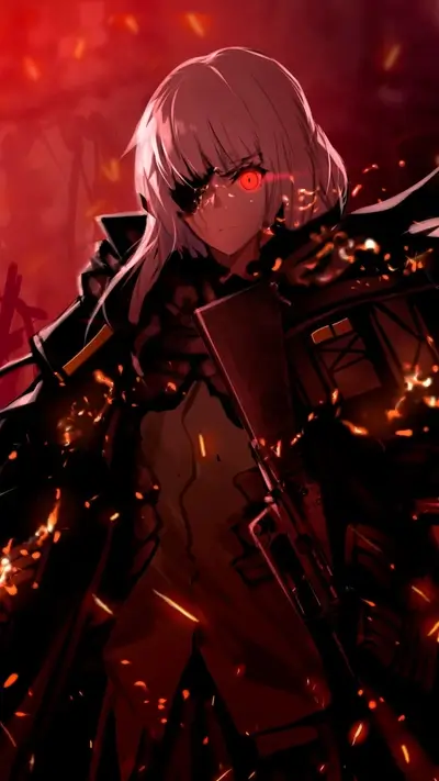 Girl with rifle in fiery background
