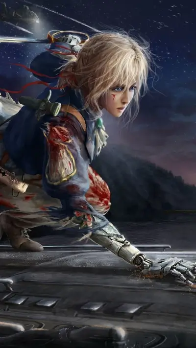 Girl with robotic arm, injured, nighttime setting