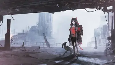 Girl with robotic dog in a desolate city