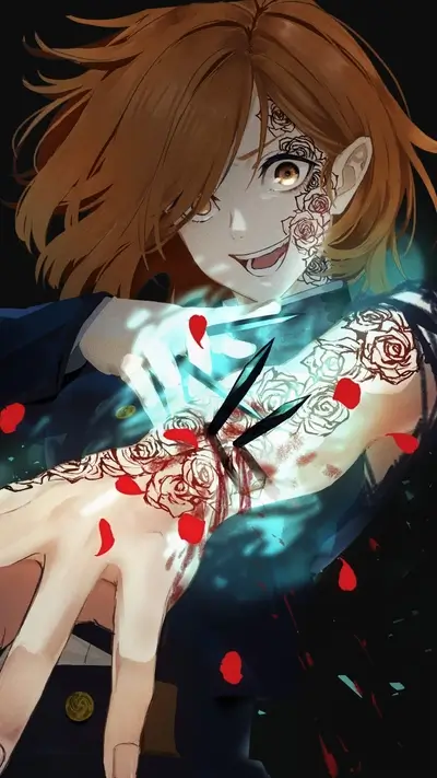 Girl with rose tattoos and bloody blades