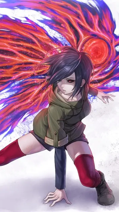 Girl with short black hair, red eyes, red flames, and a green jacket.