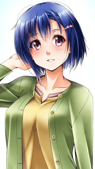 Girl with short blue hair wearing green cardigan, softly smiling
