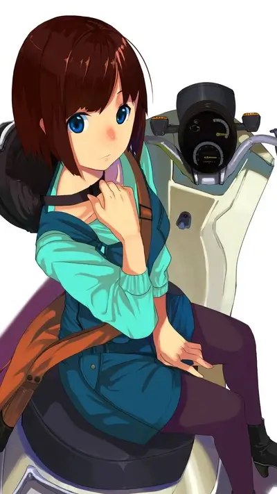 Girl with short brown hair rides a vintage style scooter