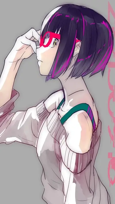 Girl with short hair, glasses, and sweater looks to the side