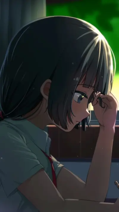 Girl with short hair is deep in thought by a window