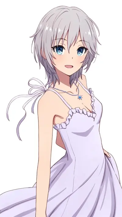 Girl with short silver hair in white dress