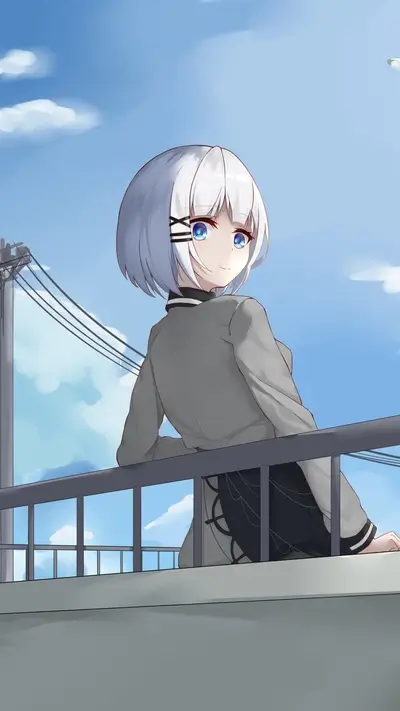 Girl with short white hair looking back at viewer