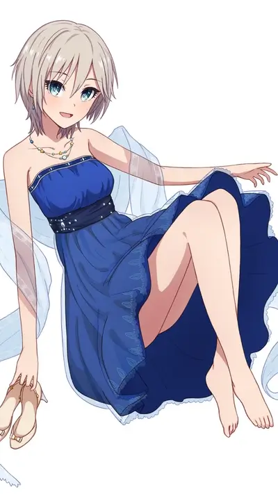 Girl with short white hair wearing a blue dress and holding shoes