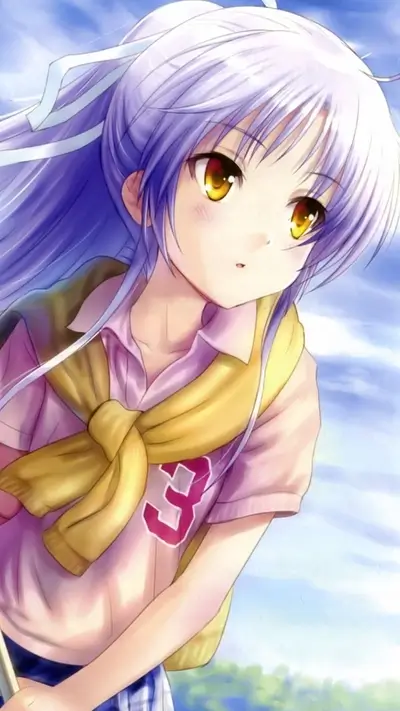Girl with silver hair and yellow eyes wearing pink shirt with yellow sweater