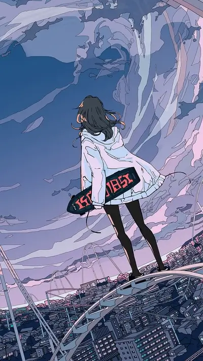 Girl with skateboard overlooking city on a roller coaster