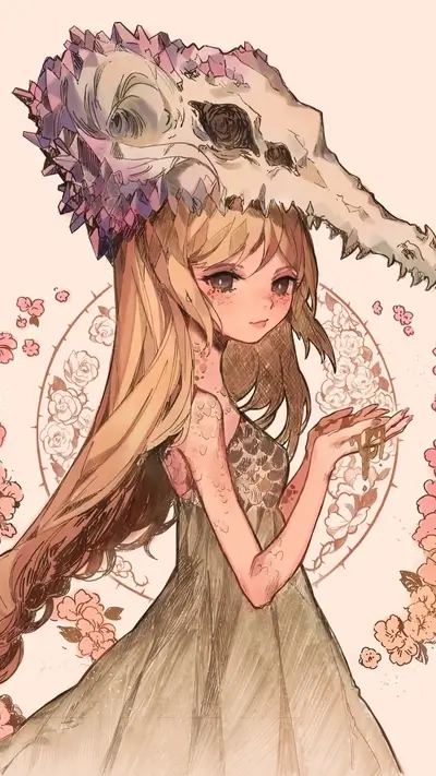 Girl with skull headdress and floral details
