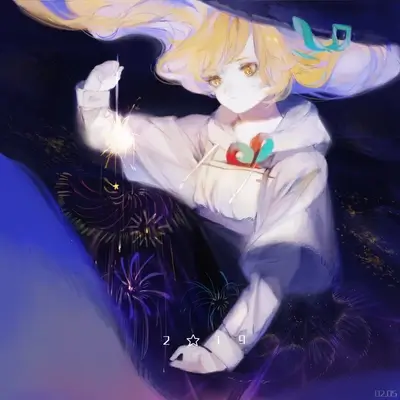 Girl with sparkler in dark night, fireworks
