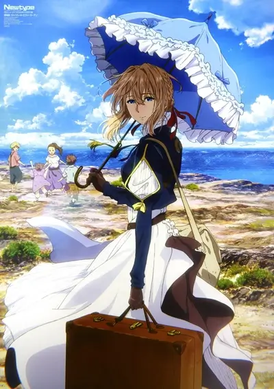 Girl with suitcase and umbrella by the sea