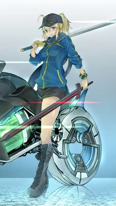 Girl with sword and futuristic motorcycle