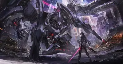 Girl with sword facing giant mech in futuristic city