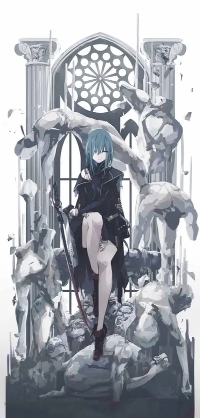 Girl with sword in ruined building