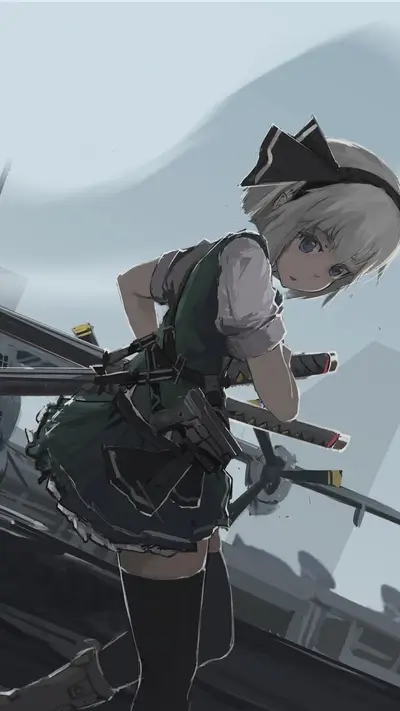 Girl with swords and gun standing over the destroyed plane
