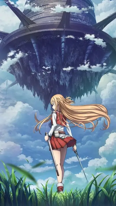 Girl with swords standing in field, large structure above