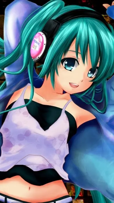 Girl with teal hair and headphones with the word 'Vocaloid' written on it.