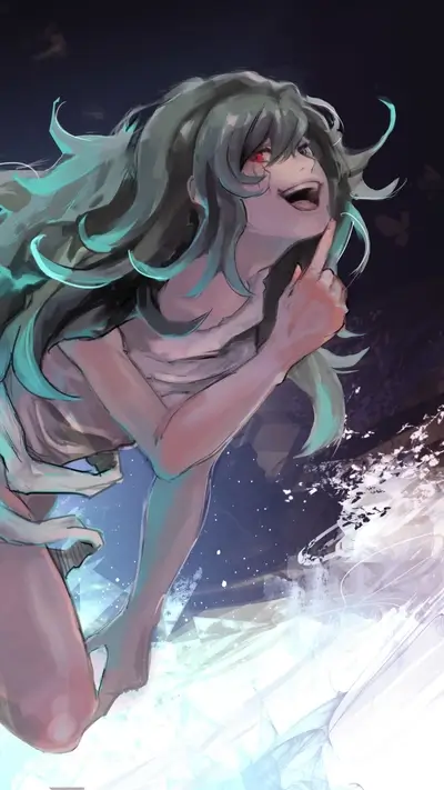Girl with teal hair floating in a bright space