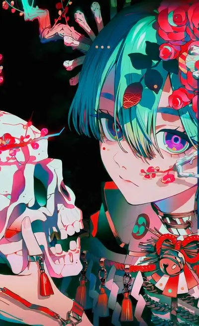 Girl with teal hair holding a skull