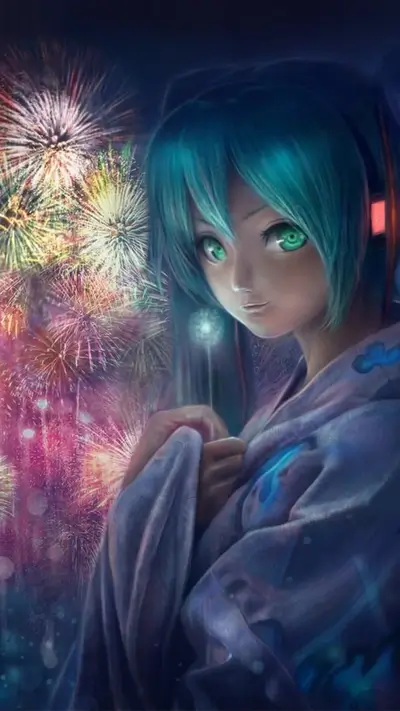 Girl with teal hair in a yukata, fireworks in the background
