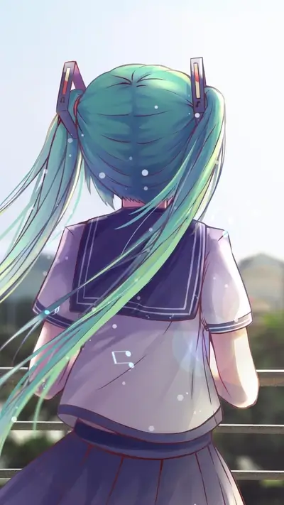 Girl with teal hair looking out at a cityscape