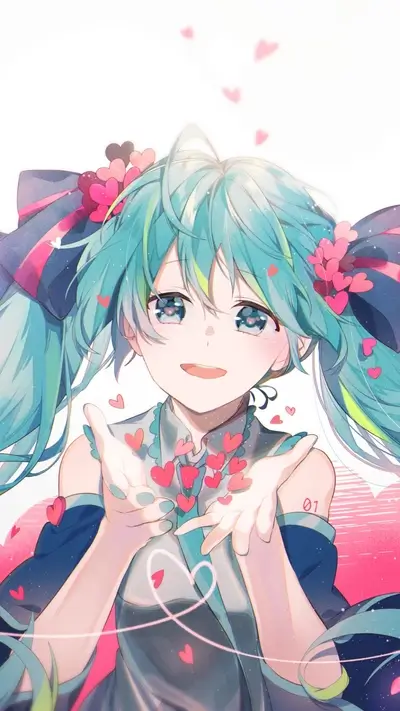 Girl with teal hair offering hearts