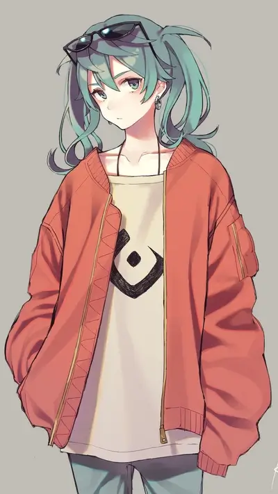 Girl with teal hair, red jacket, and sunglasses