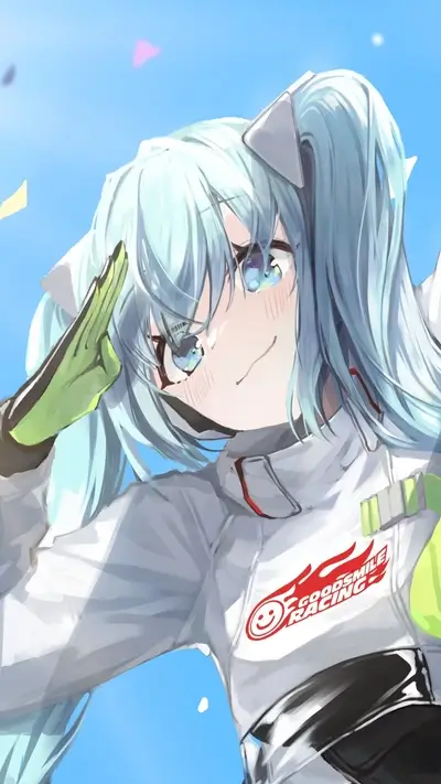 Girl with teal hair salutes, wearing a racing suit