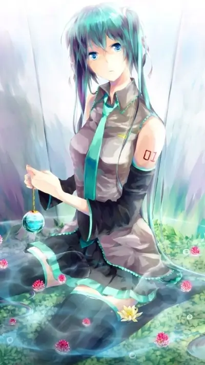 Girl with teal hair sitting in water