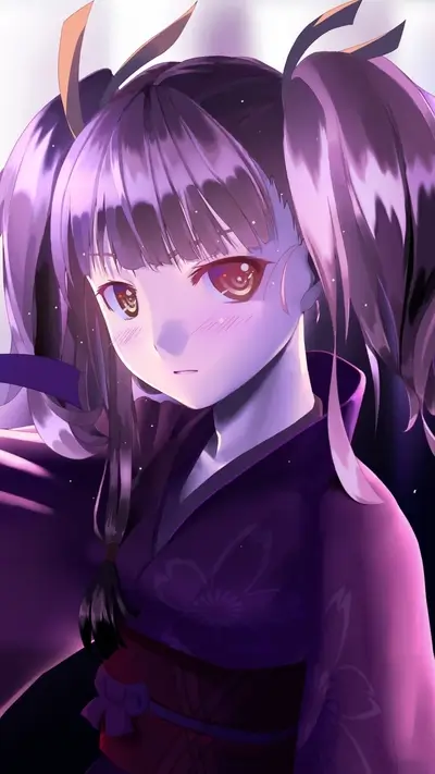 Girl with twin tails wearing a purple kimono