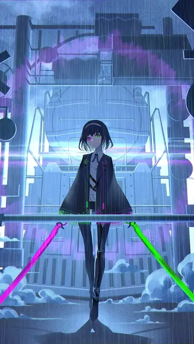 Girl with two swords standing in the rain