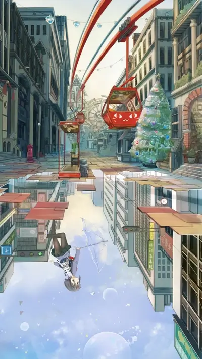Girl with umbrella falling in a upside-down city