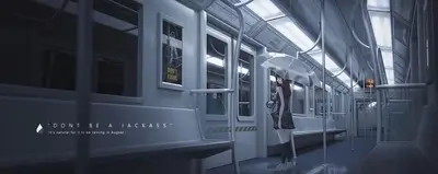Girl with umbrella in a futuristic train