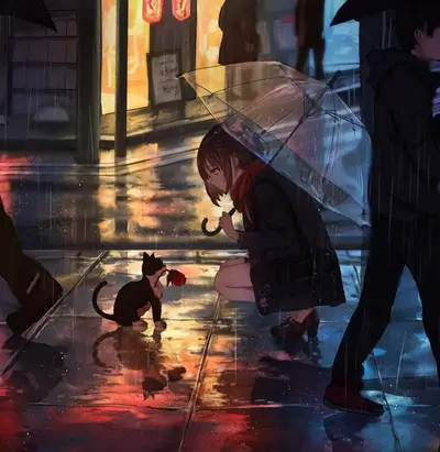 Girl with umbrella in rain, cat with rose