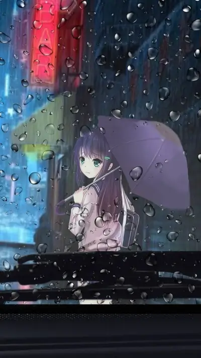 Girl with umbrella in rainy city