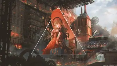Girl with umbrella in steampunk city