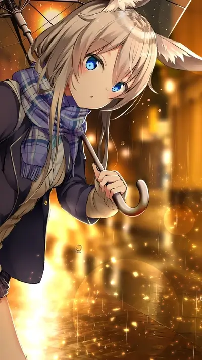 Girl with umbrella in the rain at night