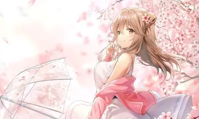 Girl with umbrella under cherry blossoms