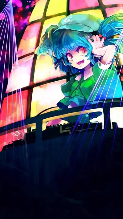 Girl with vibrant blue hair DJing