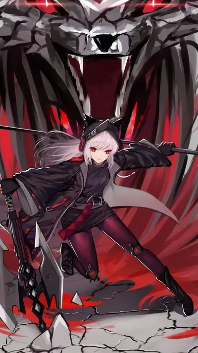 Girl with weapons facing a monstrous beast