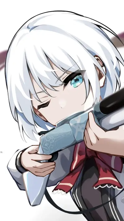 Girl with white hair aiming a gun