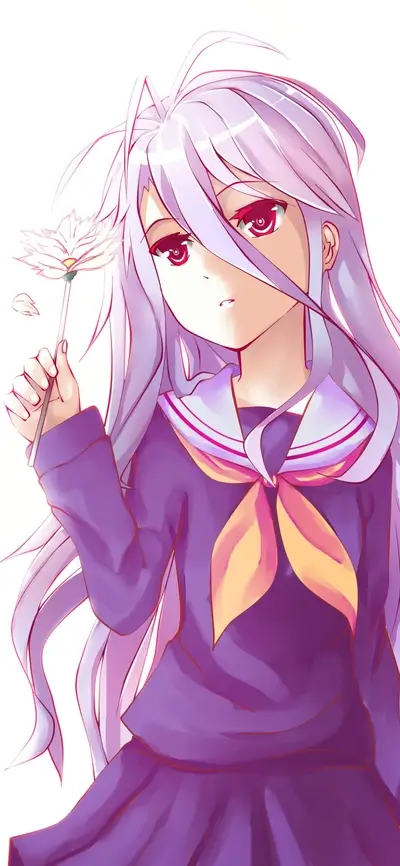 Girl with white hair and a purple uniform, holding a flower