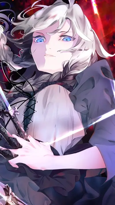Girl with white hair and blue eyes holding daggers