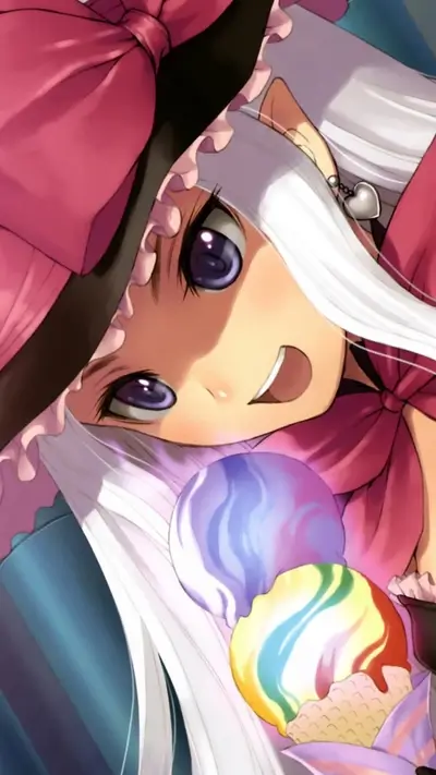 Girl with white hair and pink hat eating ice cream