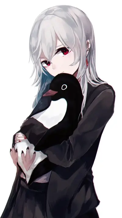 Girl with white hair and red eyes holding a penguin