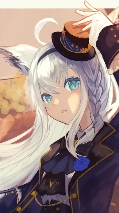 Girl with white hair, braided hair, a hat, and fox ears