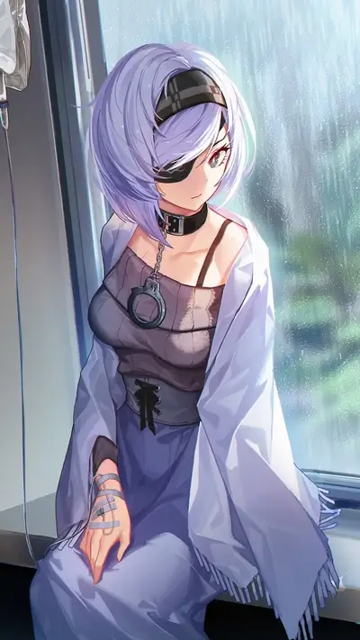 Girl with white hair, eye patch, choker, handcuffs, bandages, and IV drip sits near window.